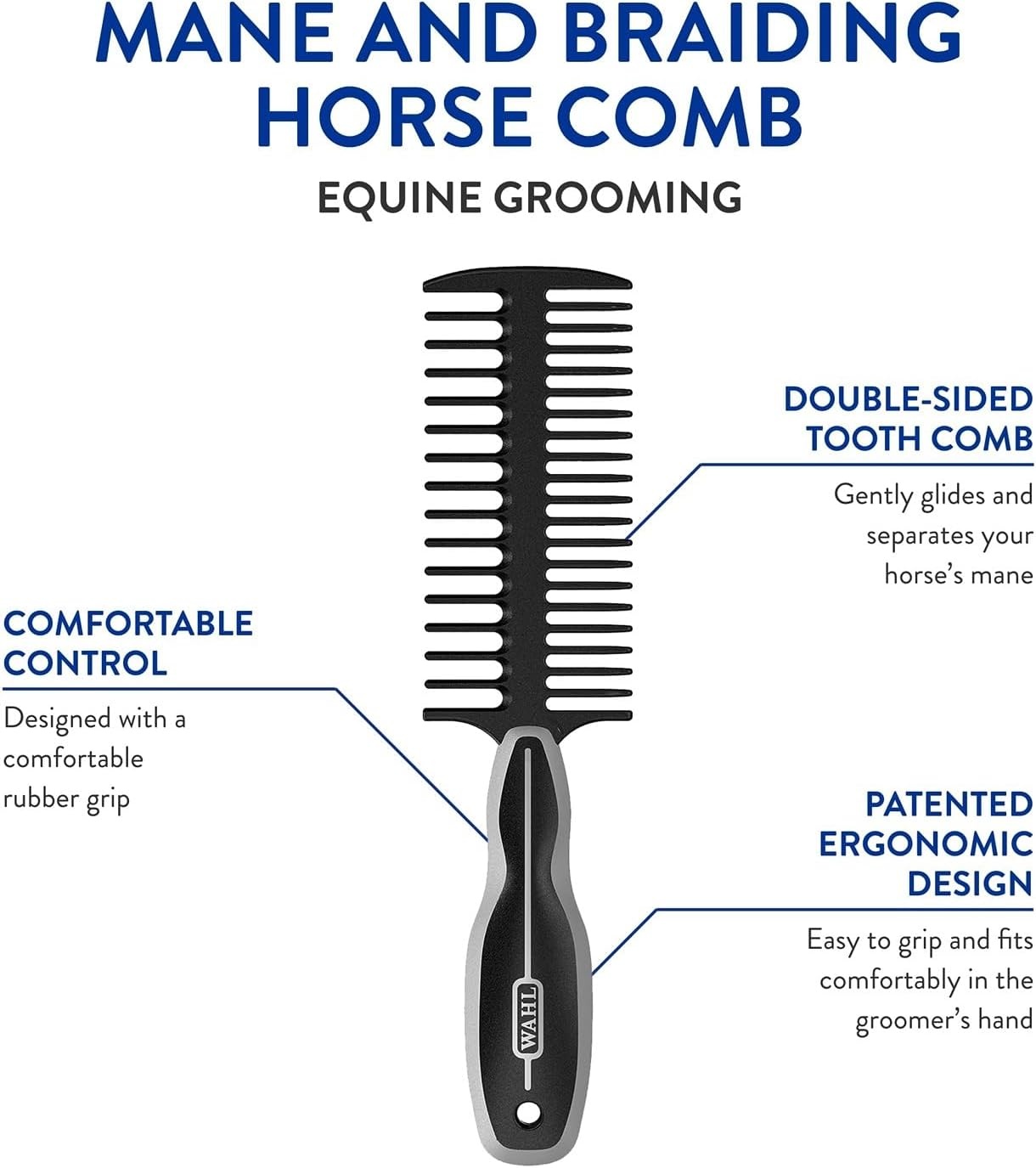 imageWAHL Professional Animal Mane amp Tail Brush Ergonomic Black Braiding Comb 858708 for Equine GroomingBlack