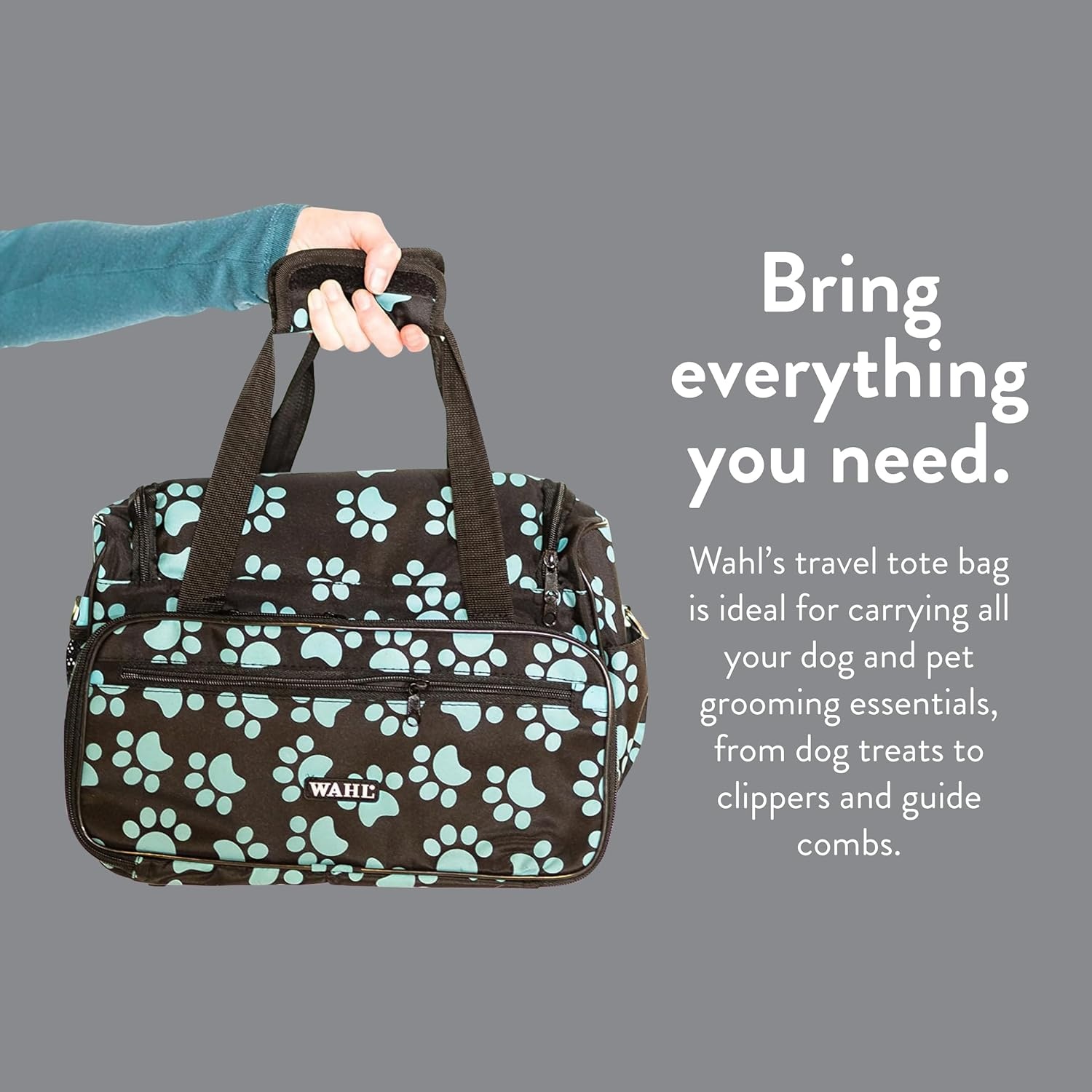 imageWAHL Professional Animal Travel Tote Bag with Zipper Travel Bag Storage Pack for Grooming Supplies for Dog Cat amp Pet Groomers 288 Inches Turquoise Paw Print Design 97764300Black and Turquoise