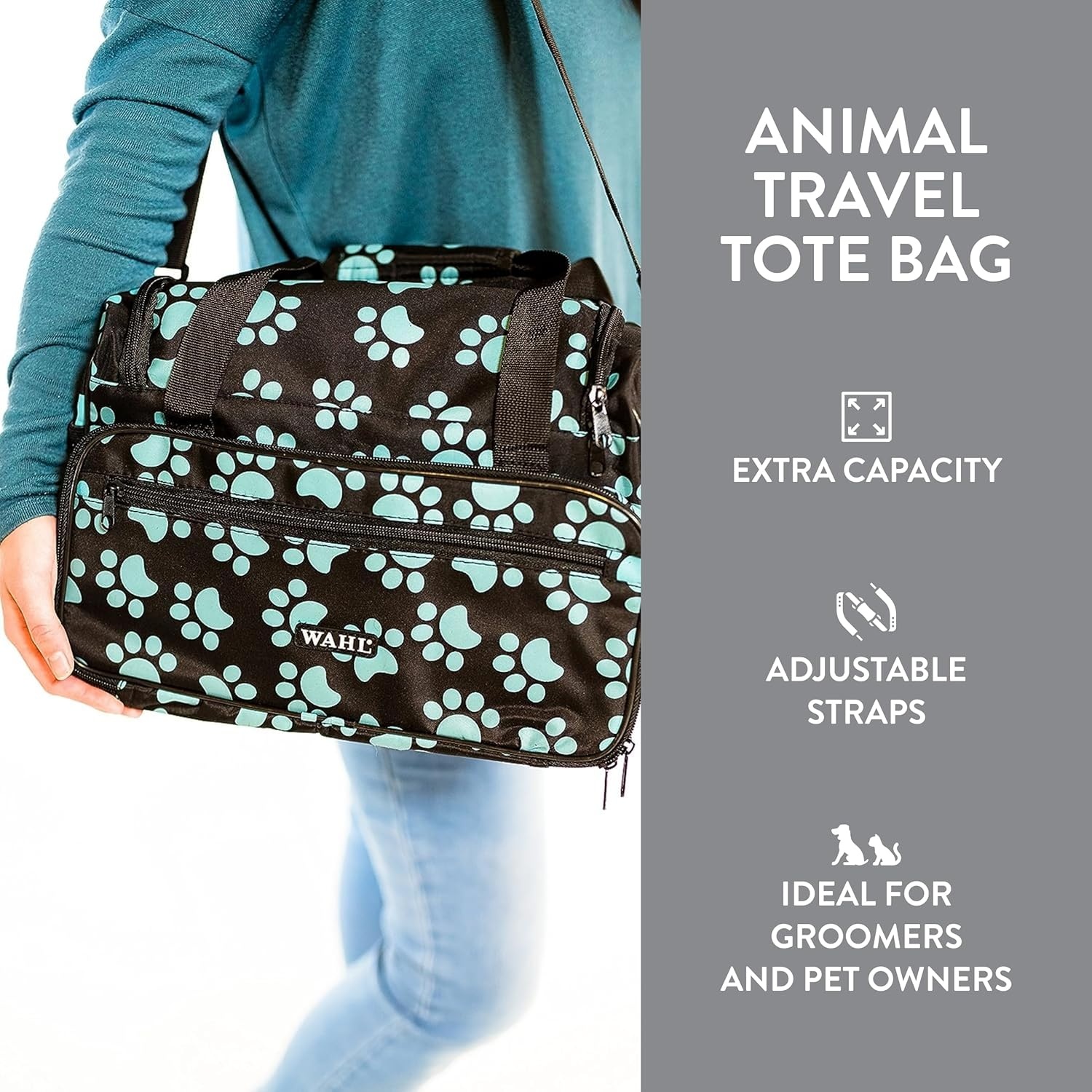 imageWAHL Professional Animal Travel Tote Bag with Zipper Travel Bag Storage Pack for Grooming Supplies for Dog Cat amp Pet Groomers 288 Inches Turquoise Paw Print Design 97764300Black and Turquoise