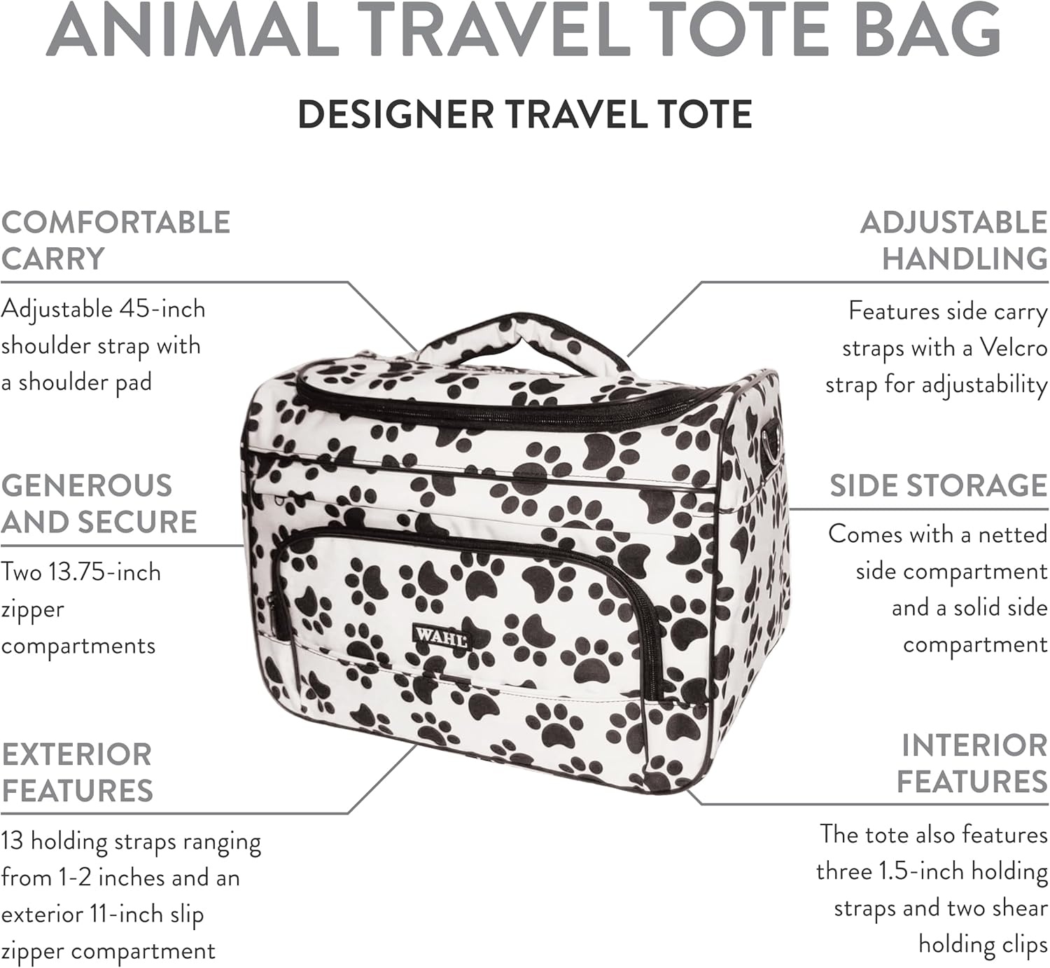 imageWAHL Professional Animal Travel Tote Bag with Zipper Travel Bag Storage Pack for Grooming Supplies for Dog Cat amp Pet Groomers 288 Inches Turquoise Paw Print Design 97764300White and Black