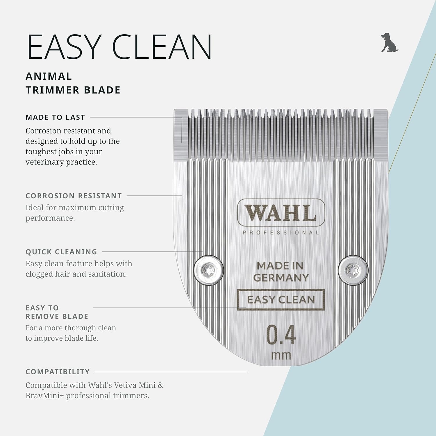 imageWahl Pro Animal Easy Clean Trimmer Blade Replacement Cat amp Dog Grooming Clipper Blade Compatible with Vetiva Mini amp BravMini 04 mm Cut Length