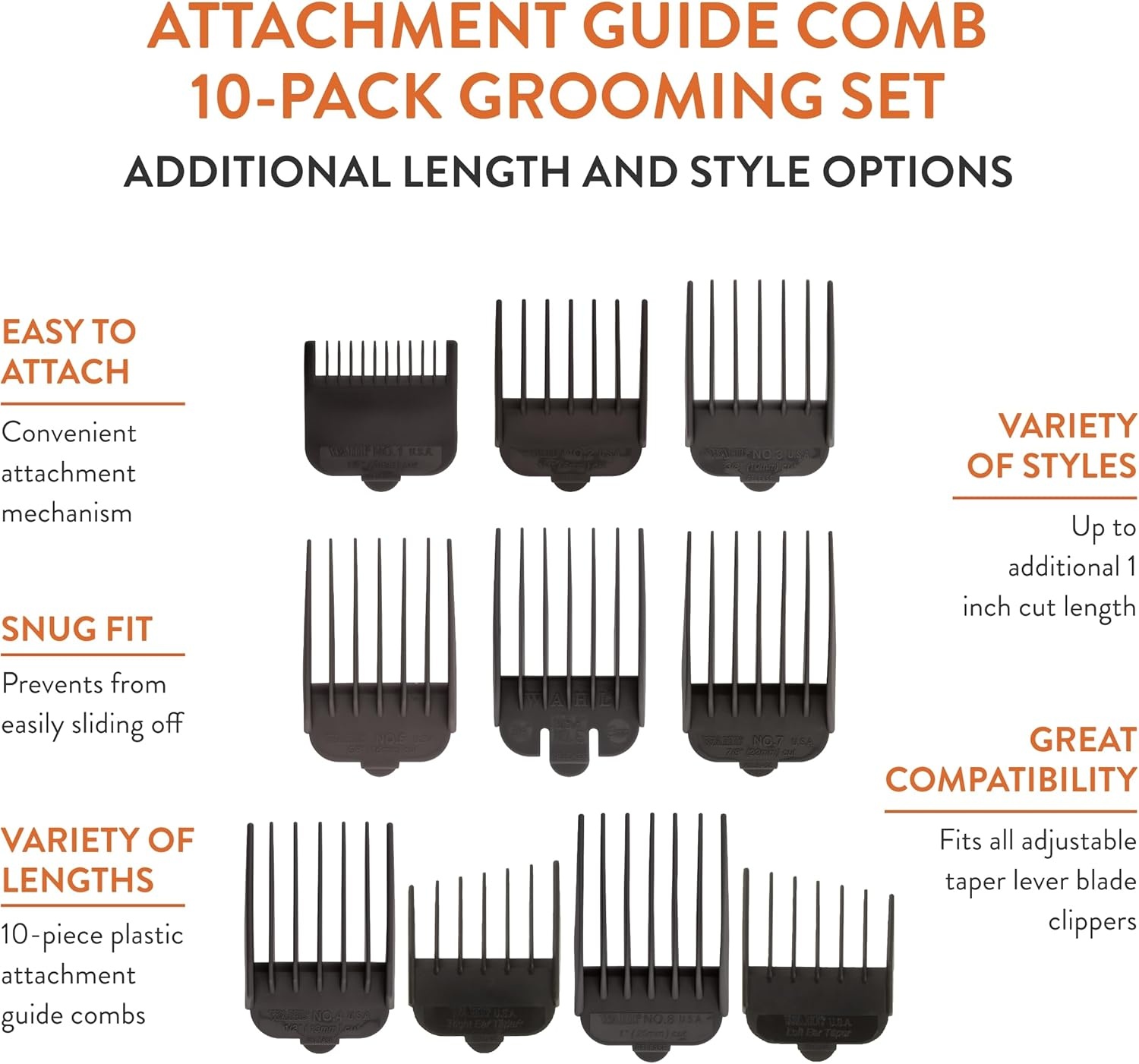 image:imageWAHL Professional Animal Attachment Guide Comb 10Pack Grooming Set Fits only with Wahls Show Pro Plus Color Groom Stable Grip Iron Horse Pro Ion UClip amp Deluxe UClip Clippers 3173500