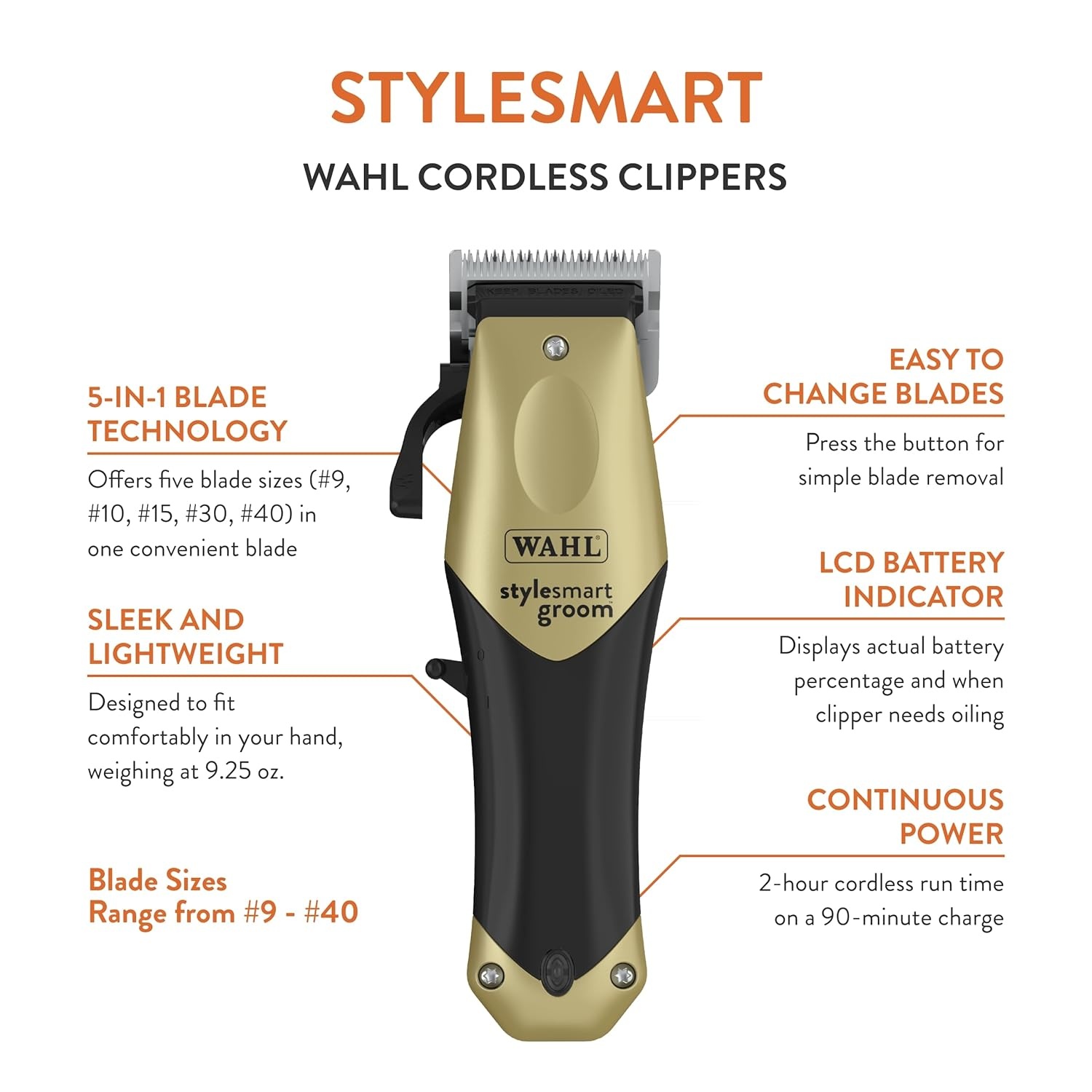 imageWAHL Professional Animal StyleSmart Cordless Clipper Kit for Pet Dog amp Cat Grooming 70007 Dog Cat amp Horse Grooming Supplies Pet Hair Trimmer with Guide Combs amp Blade GoldClipper Kit